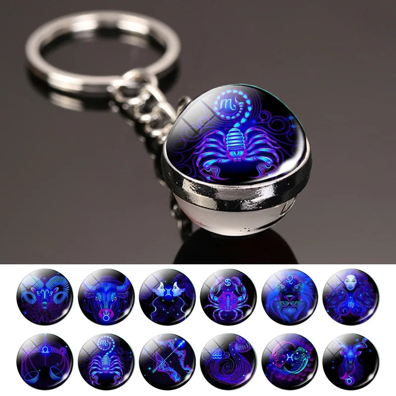 Llavero creativo de 12 constelaciones, piedra del tiempo, bola de cristal de doble cara, llavero de Metal, colgante, accesorios de llavero, regalo de moda